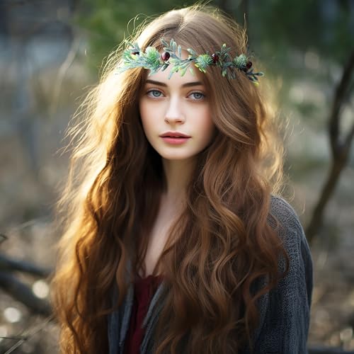 Vivivalue Vine Flower Crown Flower Garland Headband Hair Wreath Floral Headpiece Halo Pinecone Boho with Ribbon Wedding Party Festival Photos - color: U