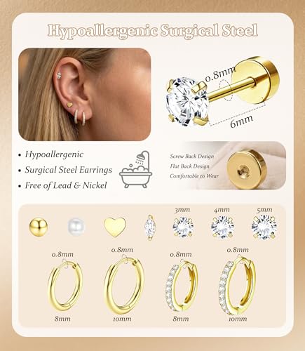 Incaton Hypoallergenic Flat Back Earrings for Women Silver 14K Gold Plated Surgical Stainless Steel Stud Earrings Cubic Zirconia Cartilage Studs Earrings For Multiple Piercing Sensitive Ears - color: F-Gold