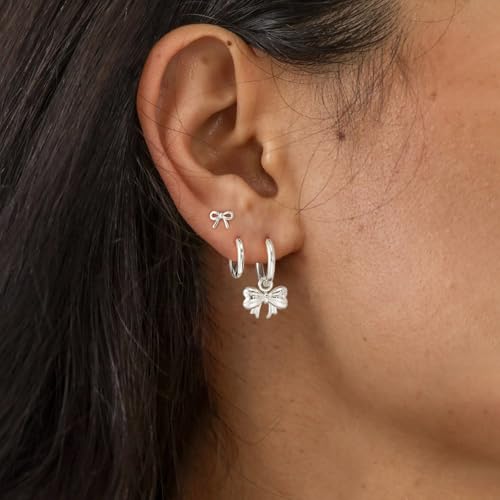 3 Pairs Small Earring Stacks, 14K Gold/Silver/Black/Rose Gold Plated Pearl Heart Butterfly Star Diamond Charm Drop Huggie Earrings Trendy Jewelry Gift for Women - color: Silver-Bow