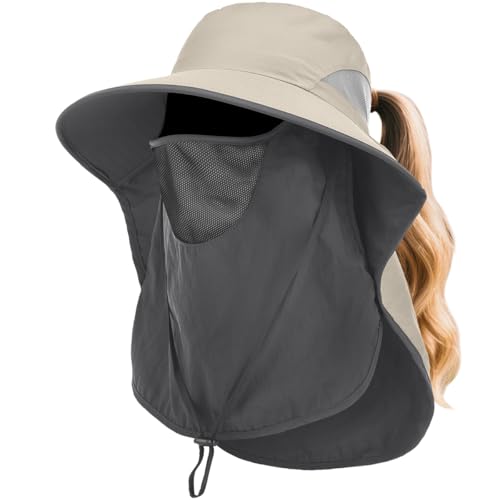 Womens Sun Hat Wide Brim UPF50+ Outdoor Sun Protection Ladies Fishing Hat with Neck Flap Detachable Face Cover - color: Khaki