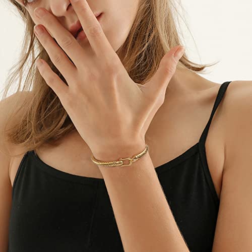 Twisted Cable Bracelet Stylish Fine Stainless Steel Cable Cuff Bracelet with Hook Clasp Bracelets Jewelry for Women - color: Upgrade 18K Gold （7.6"）