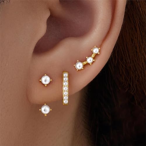 3 Pairs Dainty Small 4th of July Earrings for Women Trendy, Birthstone Stud Huggie Hoop Jacket Stack for Cartilage Helix, Gold Plated Hypoallergenic Cute Women Fashion Accessories Western Jewelry Gifts - color: Created Pearl-Gold