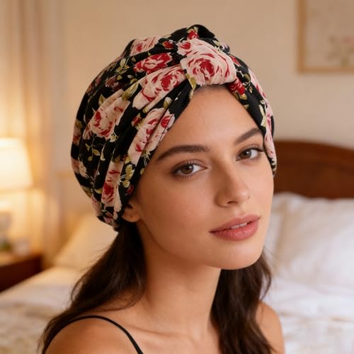 Women's Turban Head Wrap Cancer Chemo Beanies Cap Headwear Cap Bonnet Hair Loss Hat for Sleeping - color: Flower-black