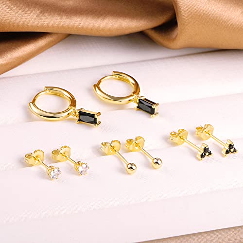 BOUTIQUELOVIN 14K Gold Stud Earrings Set for Women, for Multiple Piercing Silver Plated Studs Earrings and Zirconia Earring Set Small Huggie Hoop Chain Earing - color: 6Pairs Black