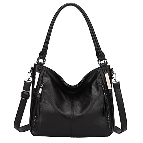 Shoulder Handbags for Women Large Soft Casual PU Leather Hobo Tote Purses - color: 01-black
