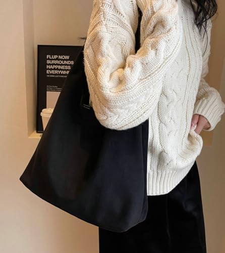 Womens Fashion Suede Shoulder Bags Large Tote Bag Retro Purse Handbag Casual Work Ladies Top Handle Satchel - color: A-black