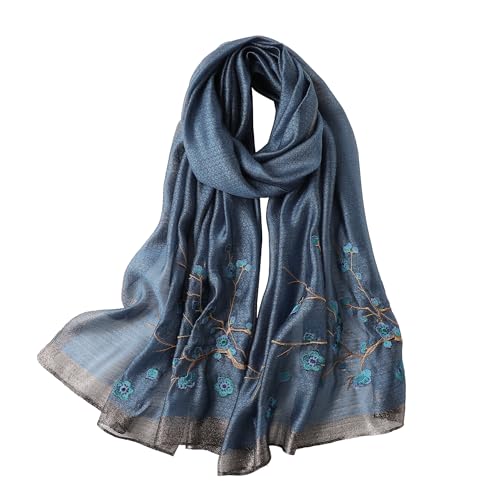 WINCESS YU Women Mulberry Silk Scarf Long & Large Embroidered Floral Pattern Shawl and Wraps Neckerchief for Hair & Neck - color: Blue