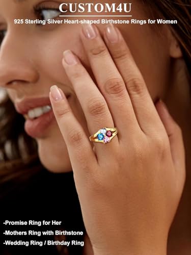 Custom4U Personalized 1-4 Birthstone Rings for Women Promise Rings for Her Sterling Silver Mothers Ring Customized Cubic Zirconia Stones Wedding/Valentine's Day/Mother's Day Jewelry Gift for Mom Wife - color: A-4 Names-Gold