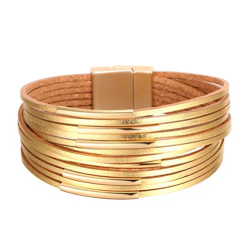 Fesciory Leather Wrap Bracelets for Women, Boho Leopard Multi-Layer Crystal Beads Cuff Bracelet Jewelry - color: A2:Short Gold