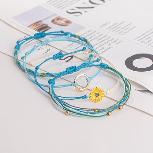 FANCY SHINY Easter Gifts Basket Stuffers Sunflower String Bracelet Boho Braided Rope Wrap Bracelets Cute Summer Beach Surfer Jewelry for Women - color: Blue/Green