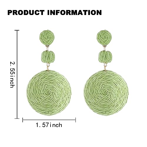 Boho Raffia Ball Earrings for Women, Handmade Statement Drop Earrings Straw Dangle Earrings Beach Vacation Jewelry - color: Lemon Green