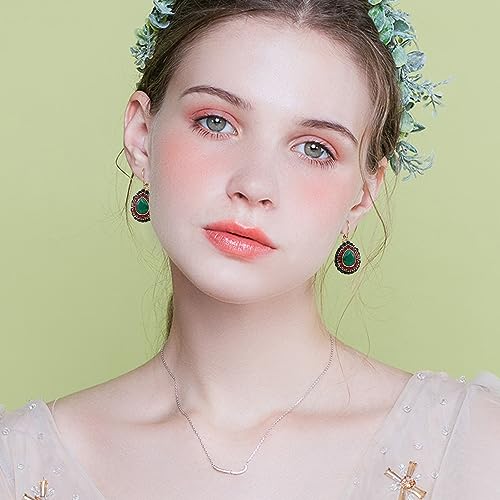 Unique Bohemian Vintage Sparkly Crystal Colorful Round Flower leverback earrings Boho Retro Bronze Circle Beaded Flower Floral Dangle Drop Earrings for Women - color: Green 8