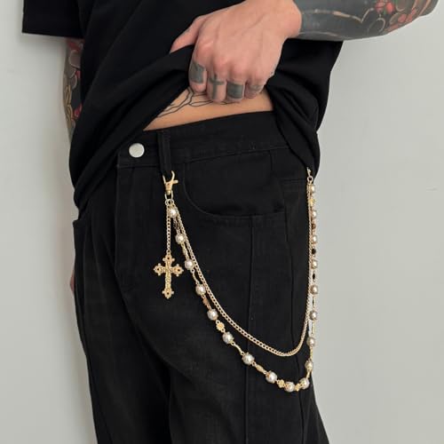 Pants Chains Hip Hop Punk Jeans Wallet Chain Goth Layered Waist Belt Chain Clothing Accessories for Women Men - color: PearlCross Chain