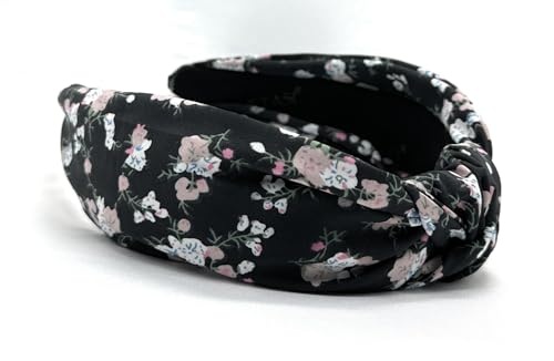 Black Bloom Floral Pattern, Colorful Spring Flower Satin Headbands for Women, Silk Feel, Soft Fabric, Knotted Headband Fashion Designer Top Knot - color: Black Bloom x