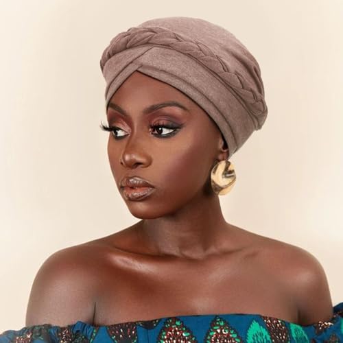 DRESHOW Turban Pre-Tied Twisted Hat Thread African Head Wraps for Black Women Chemo Cancer Cap Braid Hair Cover - color: 1 Pack Twisted Braid: Light Coffee