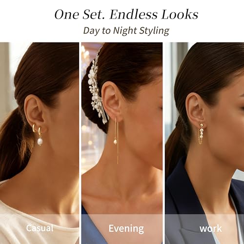 Pearl Earrings for Women, Gold Plated Huggie Hoop Drop Earrings | Hypoallergenic pearl hoop earrings designed for multiple piercings, cartilage styling and everyday wear - style: 4 pearl chain earring set