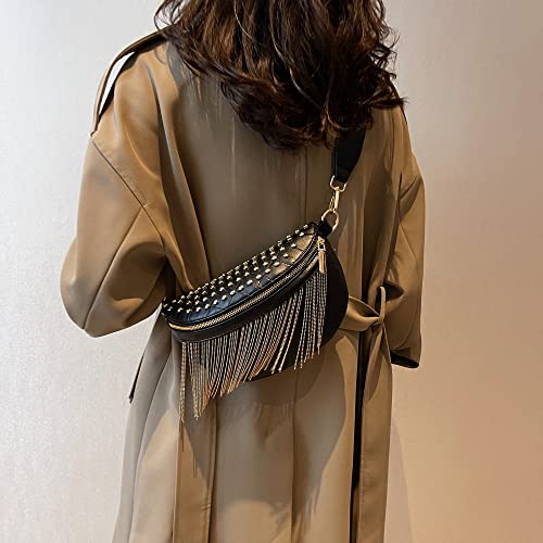 GLT.ETL Fanny Pack Chest Bag For Women Faux leather Fringe Quilted Waist Cross Body Bum Bags Rivet Studded Tassel Purses(Black Gold) - color: Black Gold