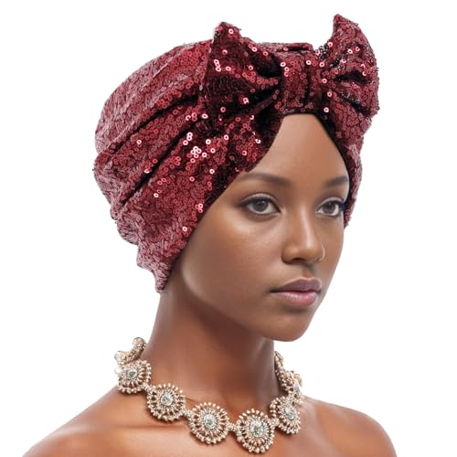 Erinaco Women Sparkle Sequin African Turban Bow Knot Pre-Tied Cap Pleated Ruffle Bonnet Beanie Hat Headwrap Skull Caps - color: Wine Red Sequin