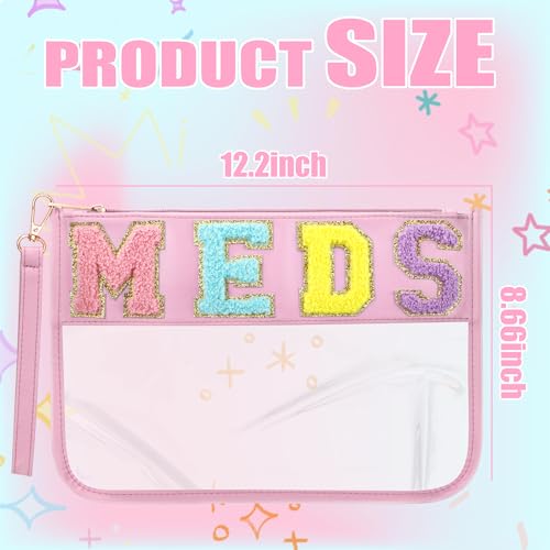 BuyCard Chenille Letter Clear Medicine Bags, Makeup Meds Bags, Preppy Patch Cosmetic Bag with Zipper&Wristlet, Waterproof PU&PVC Toiletry Medicine Storage Case, Portable Travel Drugs Pills Pouch Pink - color: Pink-Meds