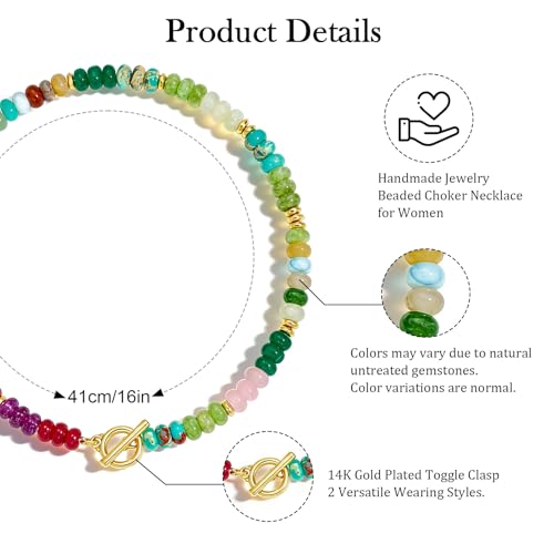 Colorful Beaded Necklace for Women Gemstone Bead Chokers Toggle Boho Natural Stone Surfer Necklaces Summer Beach Jewelry - color: A-Rainbow
