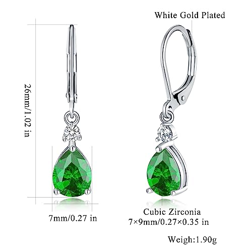 CiNily Teardrop Leverback Dangle Earrings for Women Hypoallergenic 14K Gold Plated Cubic Zircon Drop Earrings Fashion Crystal Earrings for Girls Jewelry Christmas Gifts - color: Green CZ-White Gold