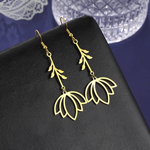 TEAMER Stainless Steel Lotus Flower Dangle Earrings Bohemian Drop Earring Unique Geometric Jewelry for Women - color: Lotus 1-Gold