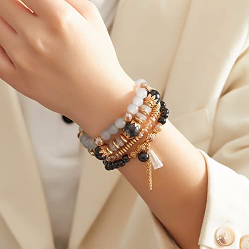 FUTIMELY Bohemian Crystal Beaded Bracelets Set for Women,Dainty Handmade Multilayer Colorful Charm Bracelet Beaded Stackable Stretch Bracelet Jewelry - color: Gray