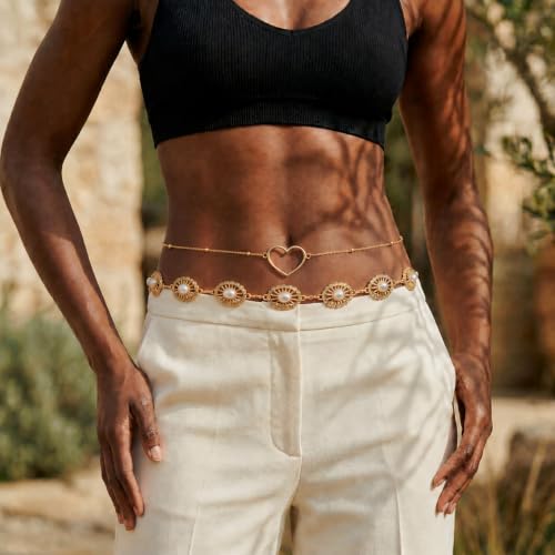 Florideco Waist Chain Belt for Women, Layered Belly Chain, Waterproof Boho Pearl Concho Cuban Body Chain, Adjustable Summer Beach Coachella Fashion Jewelry for Jeans Dresses - style: Gold Plated-Concho Chain