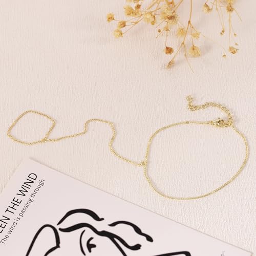 BAYLAY Hand Chain Bracelet, 14K Gold Plated Ring Bracelet Hand Chain Dainty Gold Bracelet for Women Trendy Finger Ring Slave Bracelets Hand Jewelry for Women Summer Beach Boho Gifts Trendy Stuff - color: Rectangle
