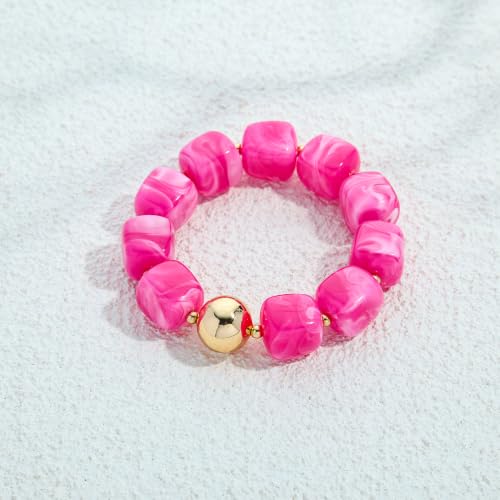 Multicolor Chunky Beaded Bracelet for Women Bold Acrylic Resin Stretch Bracelet Summer Beach Statement Bracelets Trendy Elastic Bangle Jewelry - color: Bead bracelet-rose red