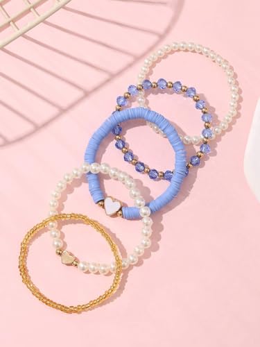 Caiyao Bohemia Multilayer Heart Imitation Pearl Beaded Stackable Bracelets Set Colorful Surfer Heishi Clay Gold Beads Stretch Bracelets for Women Men Summer Beach Boho Vacation Jewelry Gifts - color: Blue