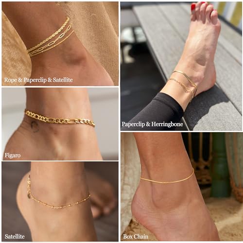 DEARMAY 14K Gold Plated Ankle Bracelets for Women Waterproof - Dainty 6Pcs Anklets Layered Cuban Link Chain Herringbone Cute Anklets Set Pack Summer Beach Jewelry Gift for Women Teen - color: Gold Anklet B