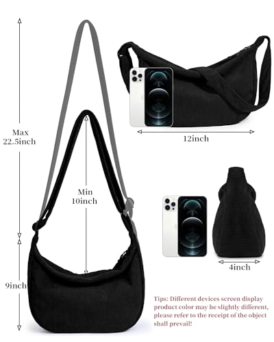 Crossbody Crescent Bag for Women Men Trendy, Crescent Sling Bag with Adjustable Strap, 2 Zippers Lightweight - color: Corduroy-black
