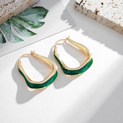 Chunky Hoop Earrings for Women Thick Minimalist Geometric Huggie Hoop Earrings Dainty Thick Y2K Preppy Earrings - style: irregular wave green