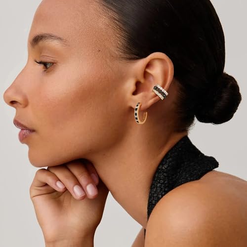 MEVECCO Ear Cuff Non Piercing for Women 18K Gold Plated Dainty Ear Cuff Earring Stacks Cartilage Clip On Wrap Huggie Minimalist Fake Piercings Open Hoops Jewelry Gifts - style: black