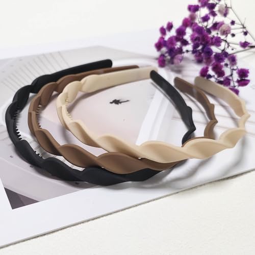 Springtime 6pcs Thin Twristed Plastic Headbands for Girls Women, Multicolor Neutral Pack, Wave Pattern Design with Built-in Teeth, 10mm Wide, 6 Count Set for Women, Teen and Adult - color: Neutral color
