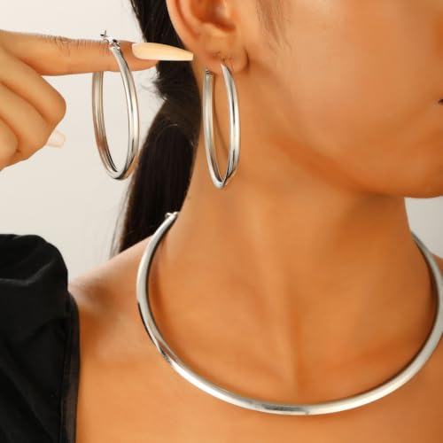 Gold Jewelry Set Chunky Gold Necklace Earring Set for Women Boho Oval Acrylic Earring Necklace Western Adjustable Choker Necklaces Bohemian Jewelry Set For Women - color: Silver E