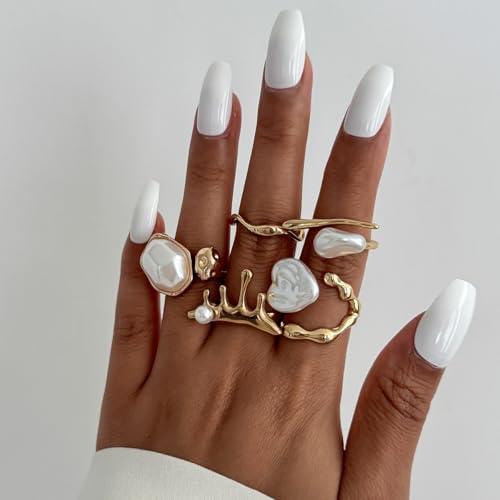 Chunky Gold Pearl Rings for Women Vintage Baroque Pearl Rings Set Open Stacking Pearls Ring Set Irregular Geometric Pearls Ring Boho Prom Costumes Fashion Jewelry Accessories - style: 5PCS A