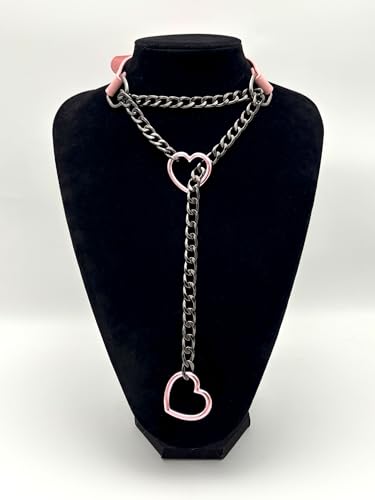 Black Leather Choker Collar For Women, Handmade Heart Slip Chain Choker Long Necklace with Adjustable Buckle - color: B-Pink-Black-Pink, size: 18''chain