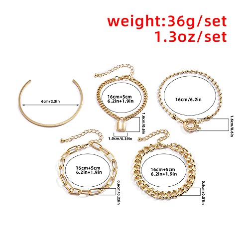 Boho Fashion Dainty Boho Gold Silver Chain Stackable Lock Bracelets Set for Women Adjustable Beaded Chunky Flat Cable Chain Punk Bracelets Jewelry for Women Gift Set of 5 - color: Gold