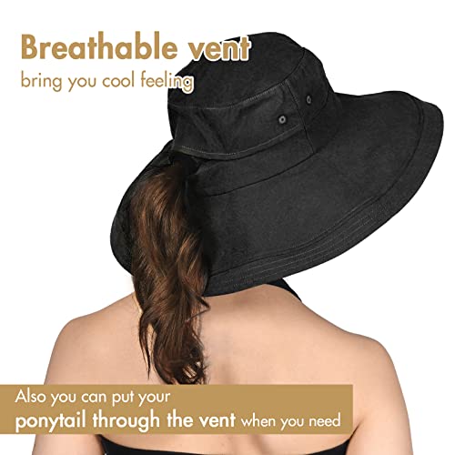 Sun Hats for Women Gardening Hat Wide Brim Ponytail Beach Sun Protection Breathable Cotton Summer Hat with Fold-Up Brim - color: Black