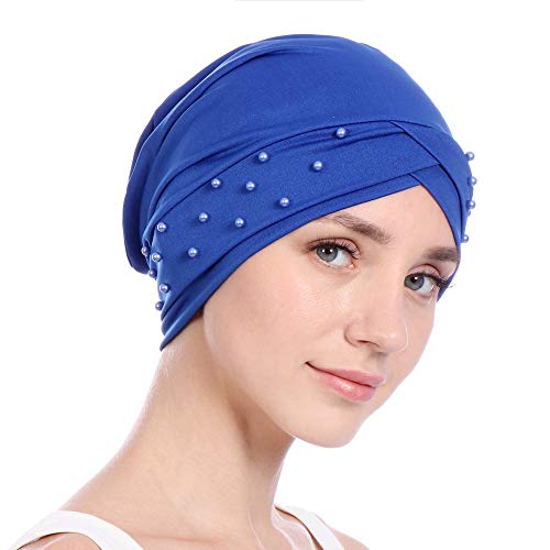 Women Beaded Silky Beanie, Pre-Tied Turban Head Wrap Cap for Chemo Chemical Cancer Hair Loss Cover Hat - color: Blue