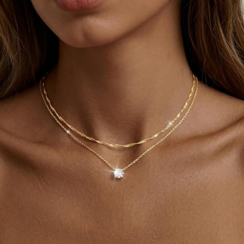 Layered Gold Necklace for Women Trendy 14K Gold Plated Heart CZ Pendant Layered Gold Necklaces Set Coin Choker Necklaces Simple Circle Cubic Zirconia Pearl Necklace Stack Herringbone Paperclip Chain Jewelry Set - style: 2PCS-Twisted rope zircon-GD