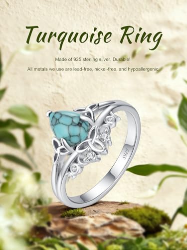 Genuine Turquoise Ring 925 Sterling Silver Celtic Knot/Feather Ring Western Boho Jewelry Native American Gifts for Women7# 8# 9#