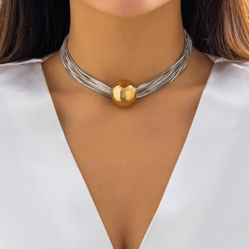 Chunky Chain Necklaces Women Statement Collar Necklace Gold Flat Snake Chain Choker Ribbed Design for Party, Dress Jewelry Gifts - color: B1:Gold Silver Necklace