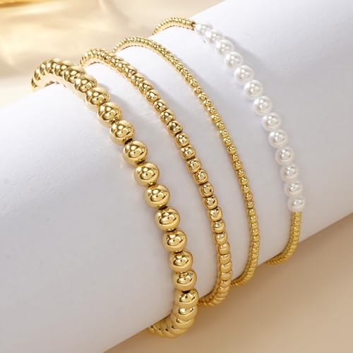 14K Gold Plated Beaded Bracelets Stack Set for Women,Stretch Boho Colorful Beads Ball Jewelry Friendship Summer Trendy - color: Pearl