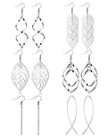 FUNEIA 6 Pairs Drop Dangle Earrings for Women Long Bar Double Twist Wave Curved Threader Cut Out Leaf Lightweight Earrings Set - color: A:Silver
