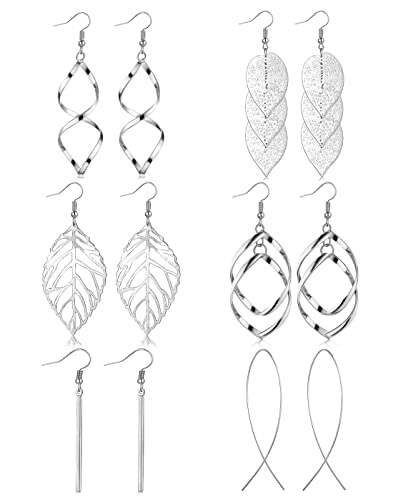 FUNEIA 6 Pairs Drop Dangle Earrings for Women Long Bar Double Twist Wave Curved Threader Cut Out Leaf Lightweight Earrings Set - color: A:Silver