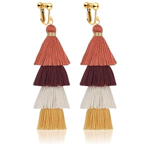 Clip on Earrings, Lightweight Colorful Layered Tassel Bohemian Statement Tiered Big Dangle Drop Earrings for Women, Non Pierced, Boho Jewelry - color: Maroon