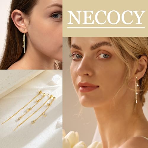 NECOCY Gold Dangle Earrings for Women Non Tarnish 14K Gold Plated Drop Wedding Hypallergenic Earring Dainty Long Hanging Chain CZ Pearl Threader Earrings Trendy Silver Plated Jewelry for Women - style: Gold&Style15